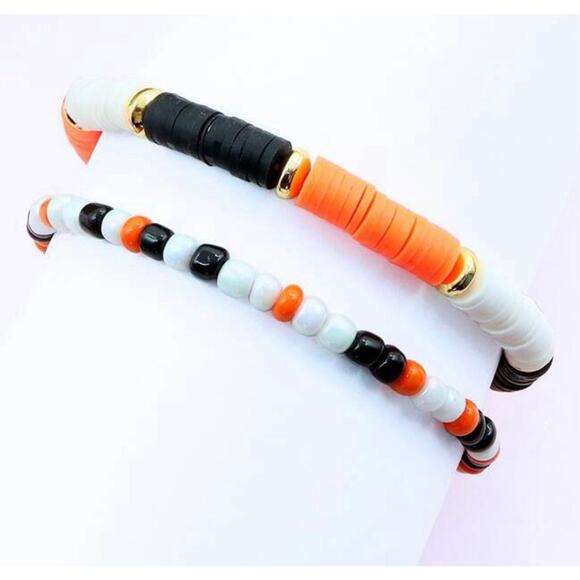 Heishi Bead Orange, Black and White Bracelet Stack - Picture 1 of 3